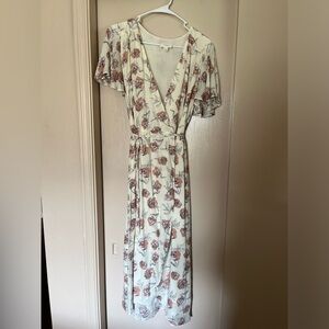 Textured Cream Floral True Wrap Dress, Women’s Large